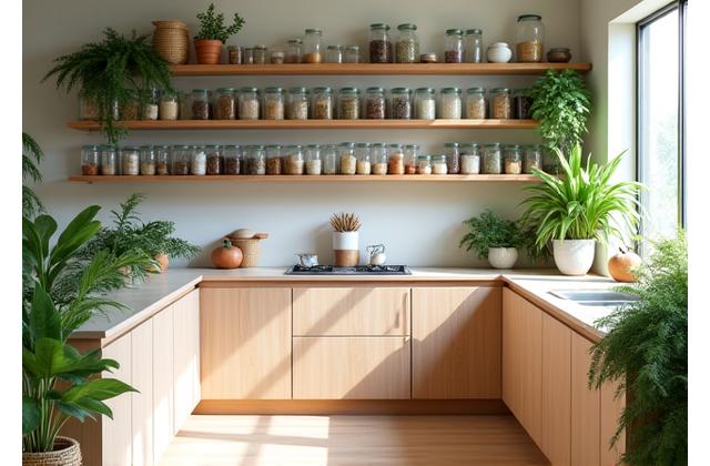 Просторная кухня с деревянными полками, стеклянными банками с сыпучими продуктами и зелёными растениями, демонстрирующая жизнь без отходов.