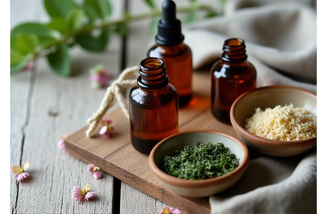 Коллекция натуральной косметики на деревянном столе, с травами, цветами и небольшими баночками, излучающая чистоту и органичность.